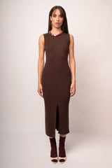 Abito midi in maglia cioccolato con cintura