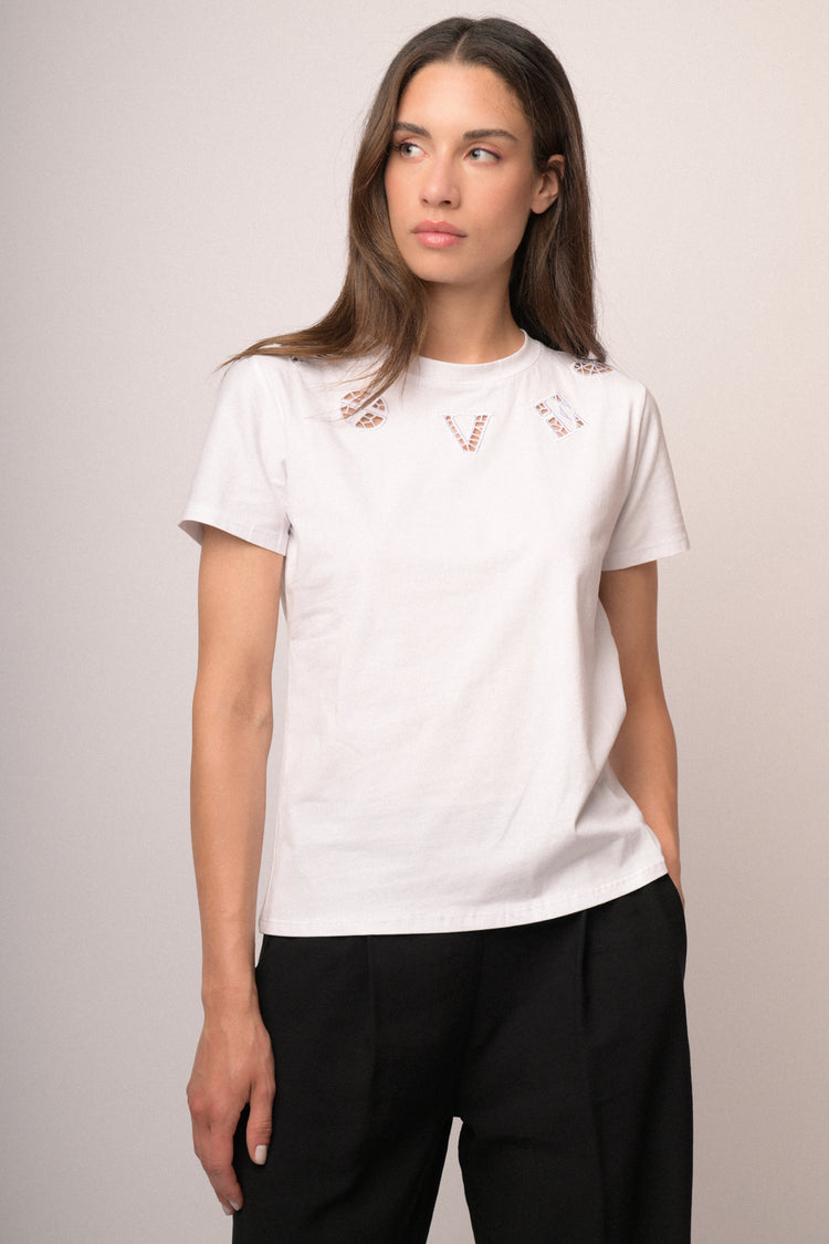 T-shirt bianca con ricamo cut-out LOVE