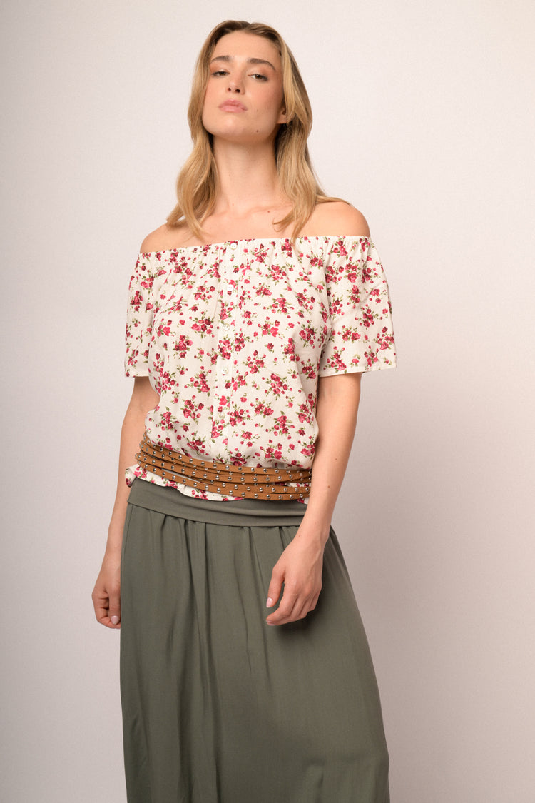 Top a spalle scoperte in viscosa a stampa floreale multicolor