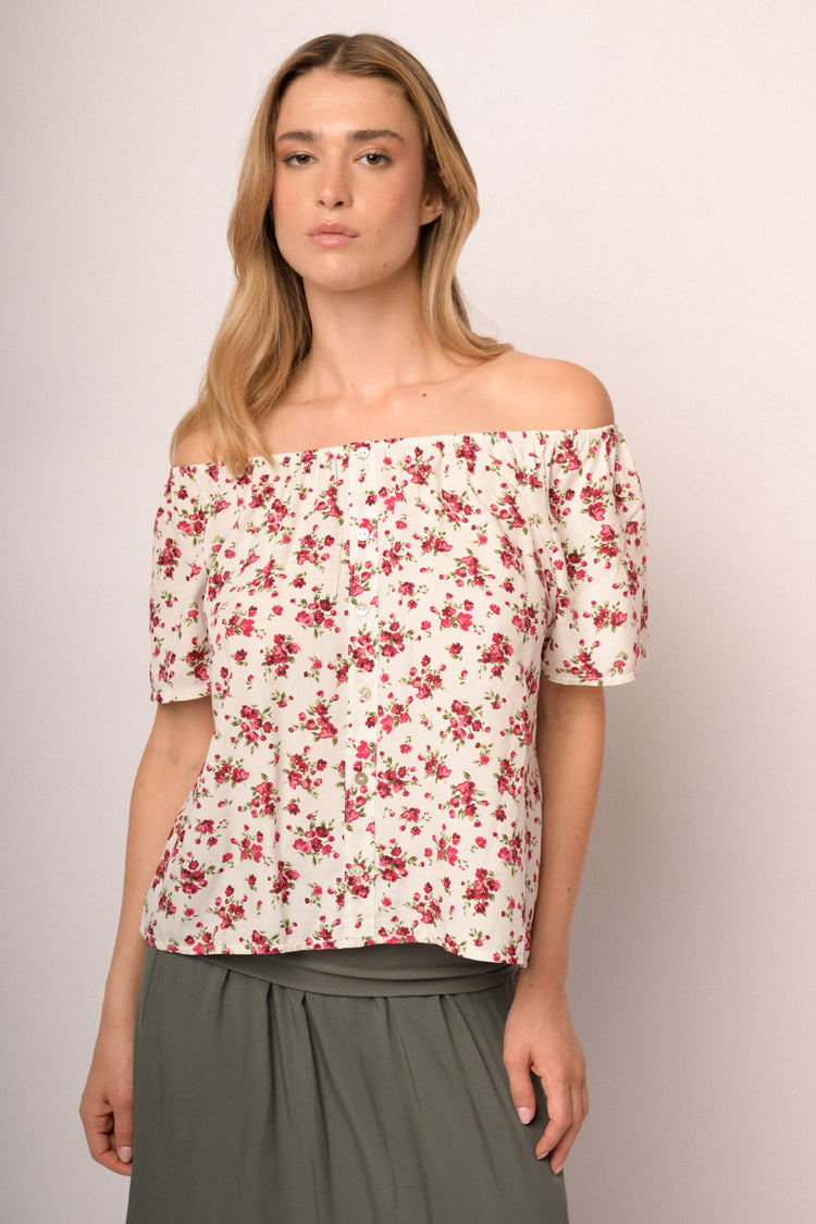 Top a spalle scoperte in viscosa a stampa floreale multicolor