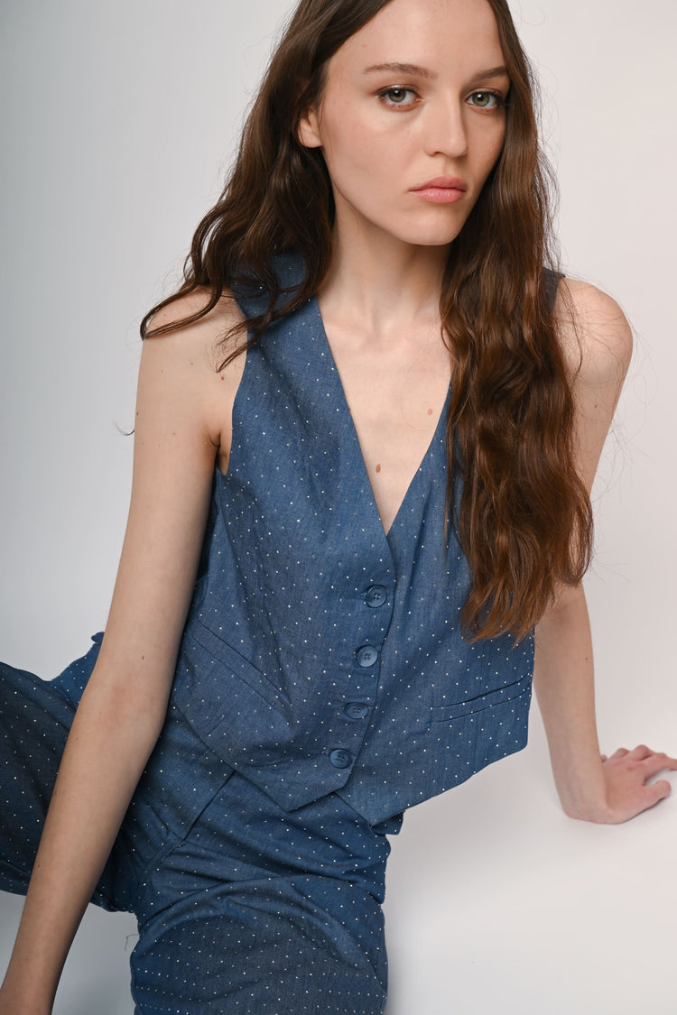 Gilet effetto denim con strass
