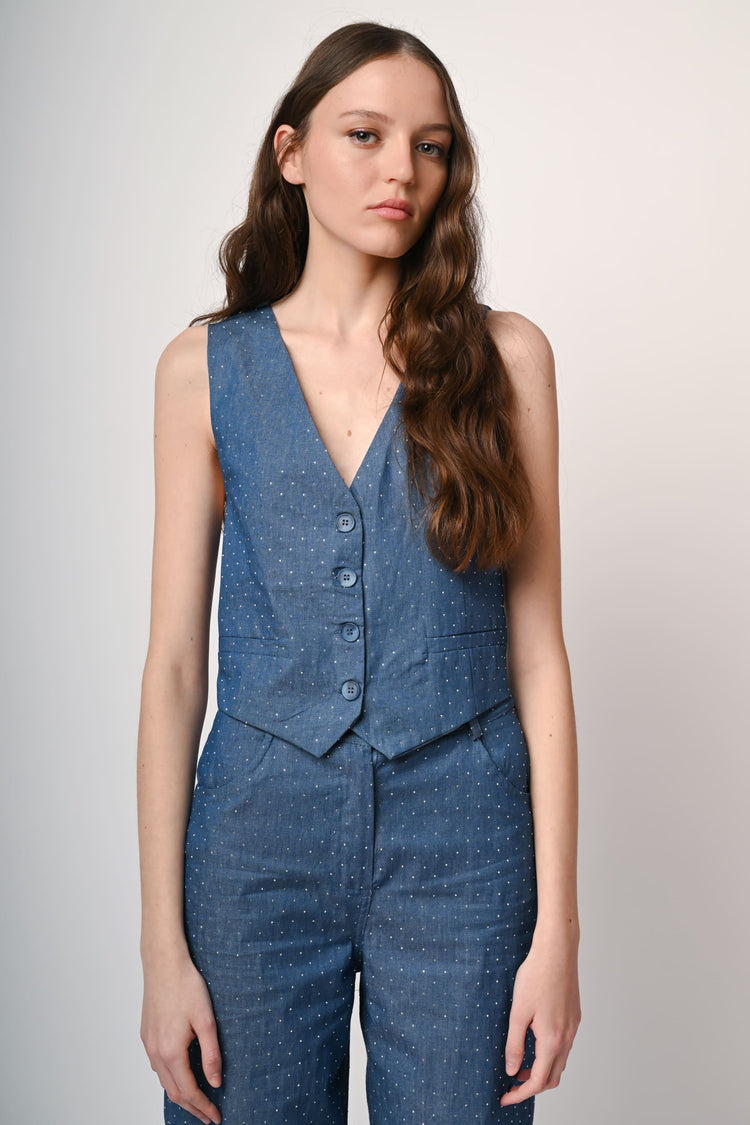 Gilet effetto denim con strass