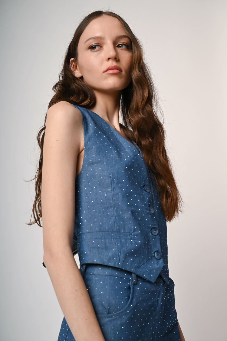Gilet effetto denim con strass