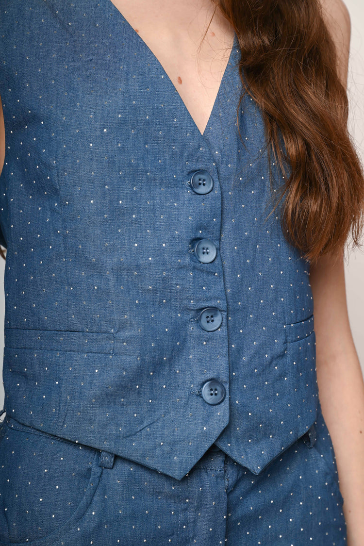Gilet effetto denim con strass