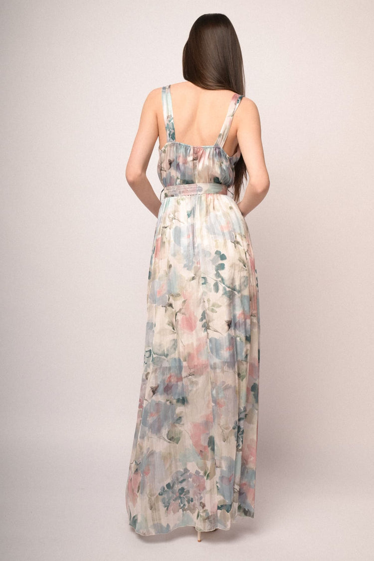 Abito lungo in georgette a stampa floreale effetto acquerello multicolor