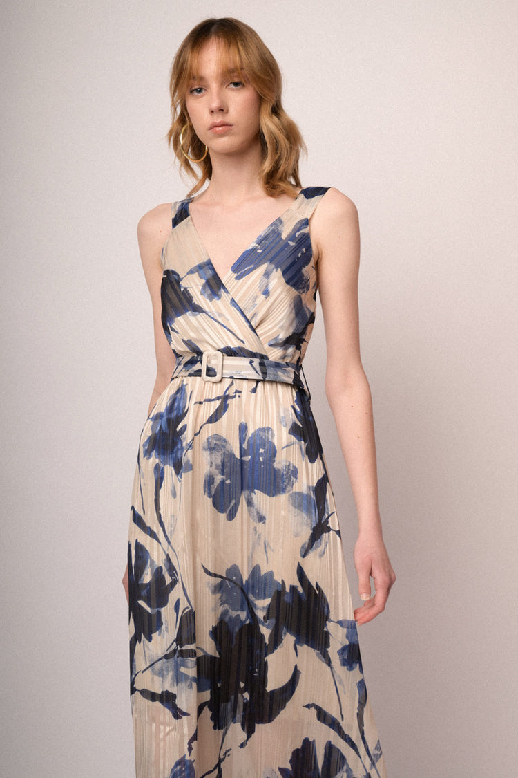 Abito lungo in georgette lurex a stampa floreale multicolor