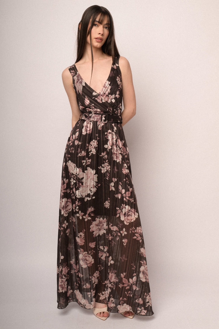 Abito lungo in georgette lurex a stampa floreale cioccolato