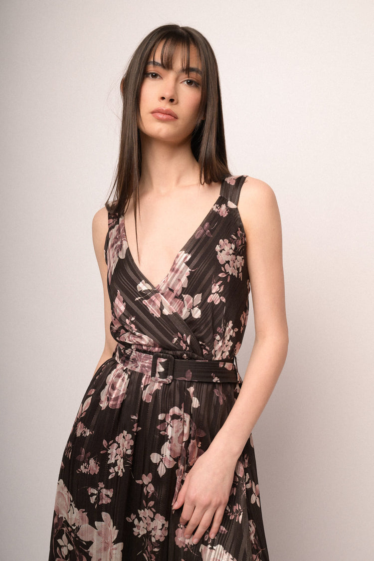 Abito lungo in georgette lurex a stampa floreale cioccolato