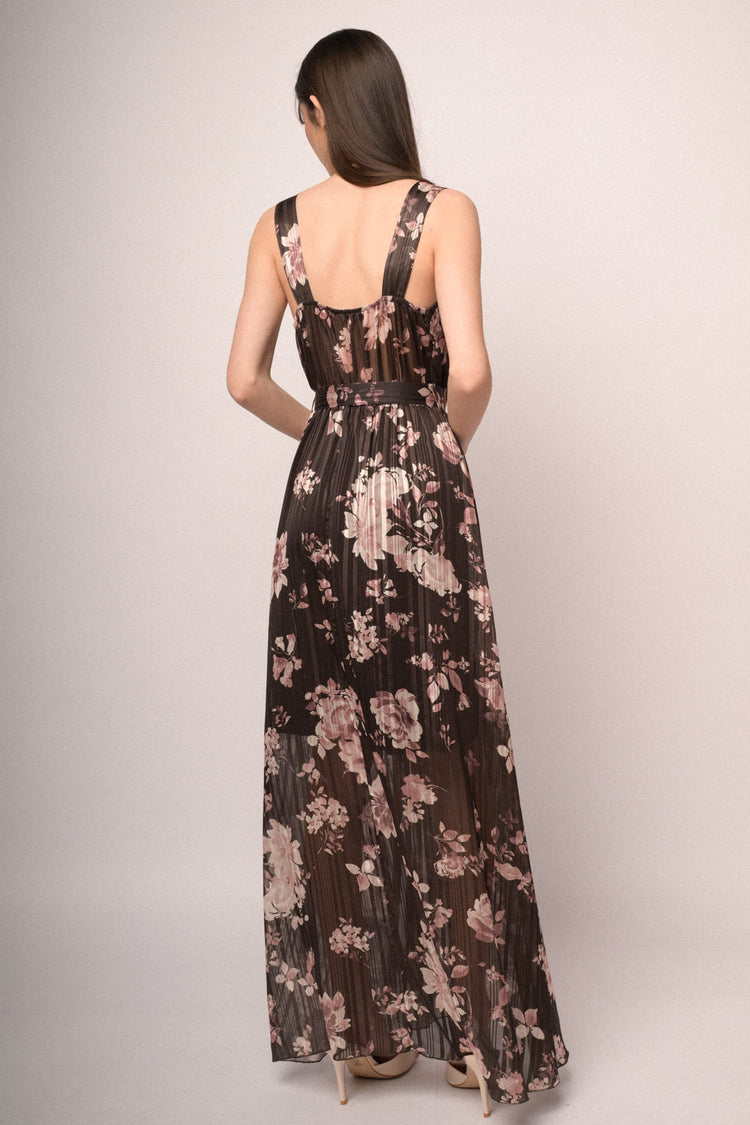 Abito lungo in georgette lurex a stampa floreale cioccolato