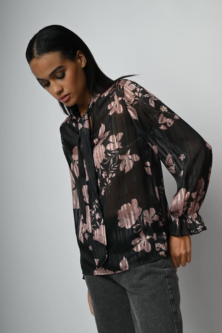 Blusa a stampa floreale con fiocco