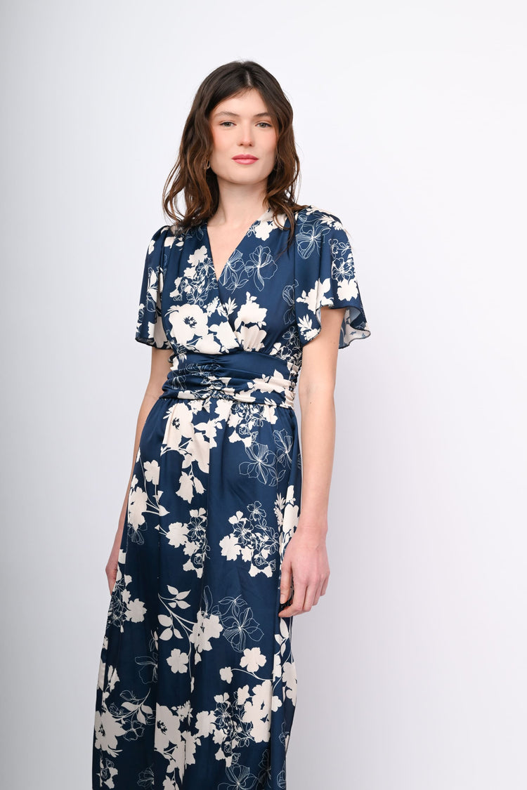 Abito lungo in raso a stampa floreale