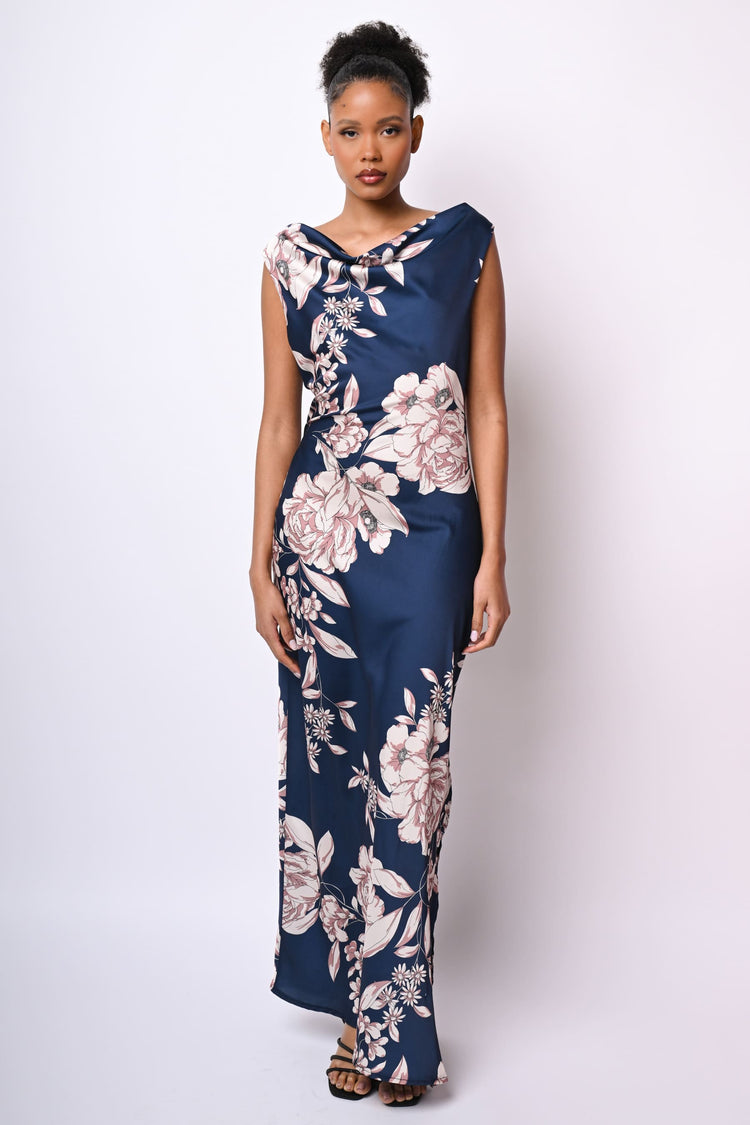 Abito lungo in raso a stampa floreale