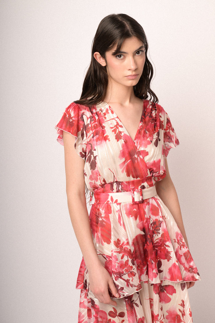 Mini abito in georgette lurex a stampa floreale multicolor