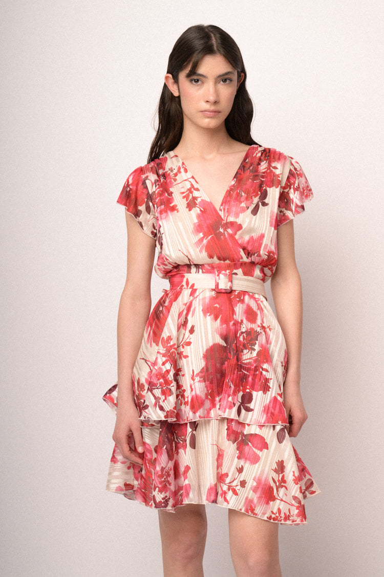 Mini abito in georgette lurex a stampa floreale multicolor