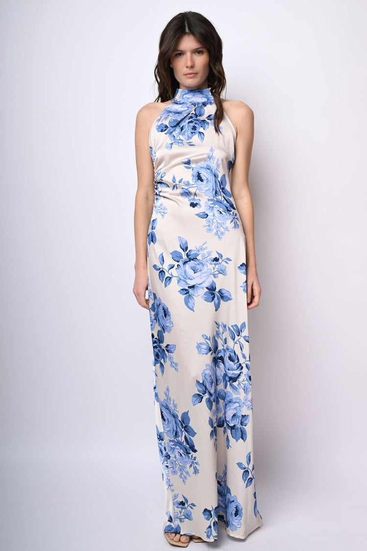 Abito lungo allamericana con stampa rose