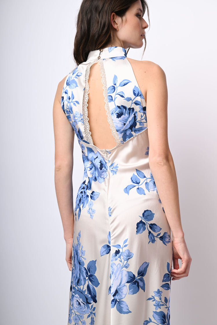 Abito lungo allamericana con stampa rose