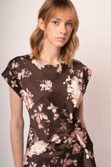 T-shirt in raso cioccolato a stampa floreale