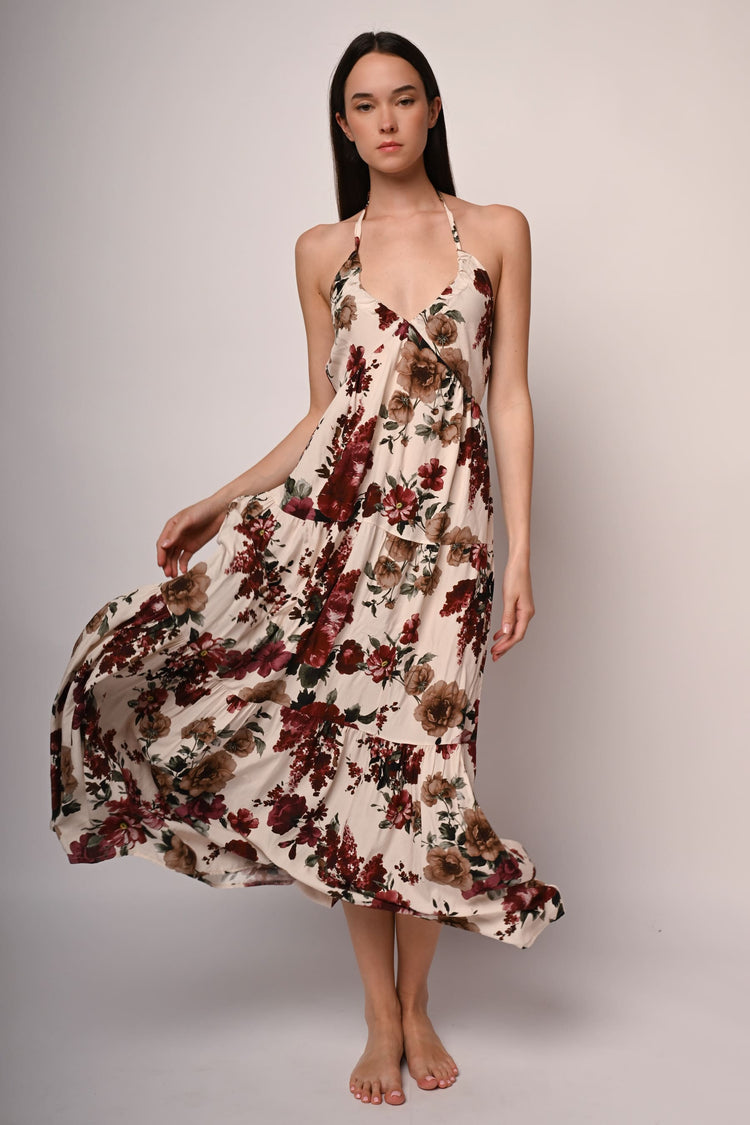 Abito lungo all'americana con stampa floreale