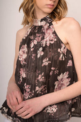 Top halter in georgette lurex a stampa floreale cioccolato