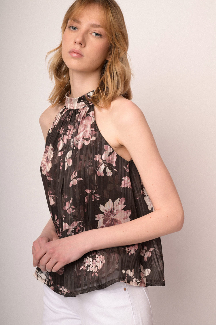 Top halter in georgette lurex a stampa floreale cioccolato