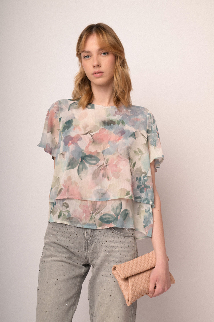 Top in chiffon a stampa floreale multicolor effetto acquerello