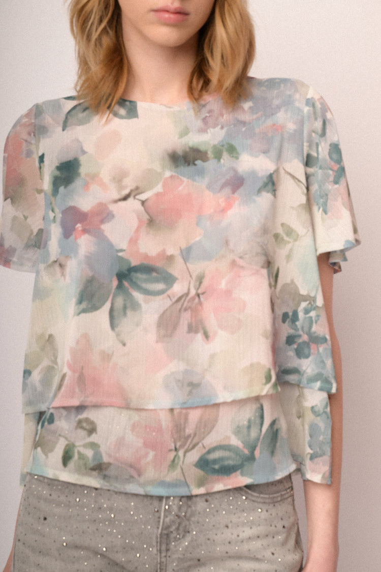 Top in chiffon a stampa floreale multicolor effetto acquerello