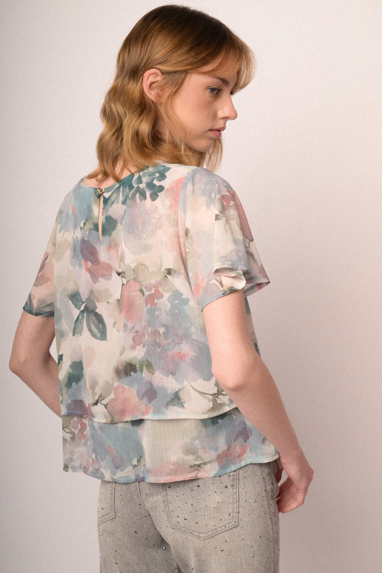 Top in chiffon a stampa floreale multicolor effetto acquerello