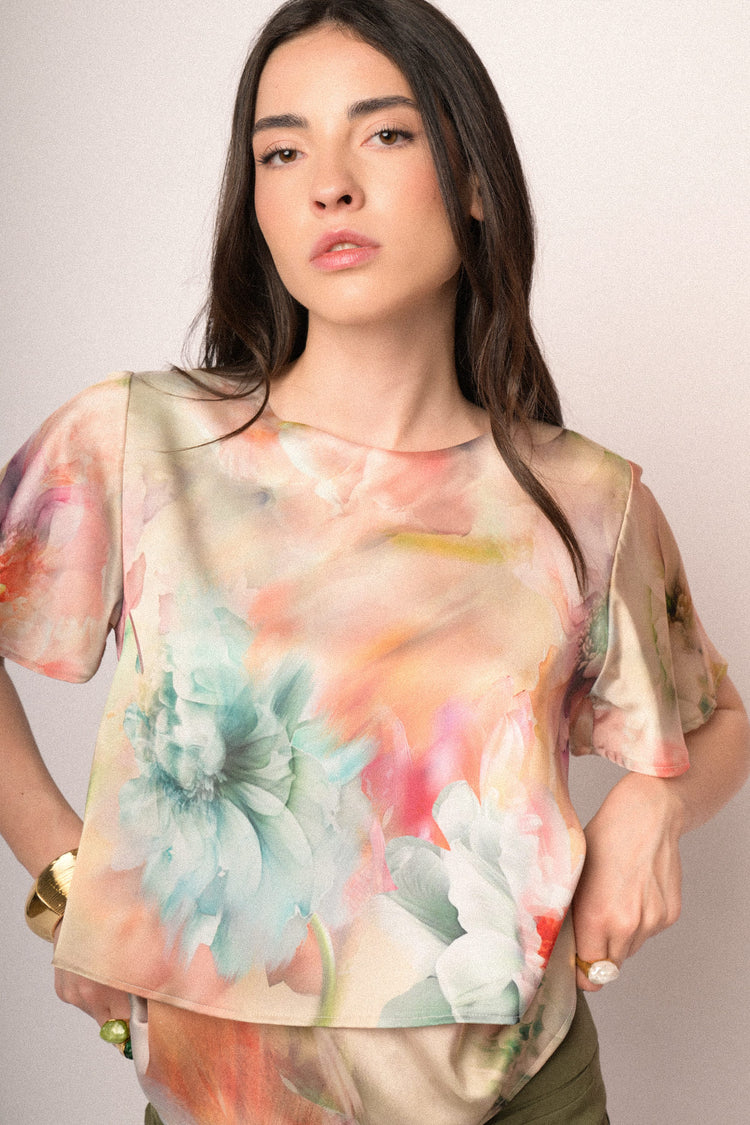 T-shirt doppiata in raso a stampa floreale multicolor
