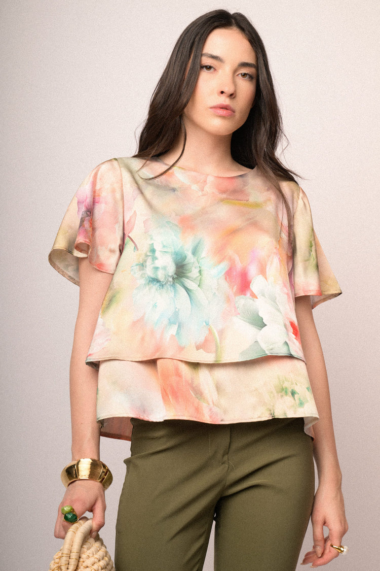 T-shirt doppiata in raso a stampa floreale multicolor