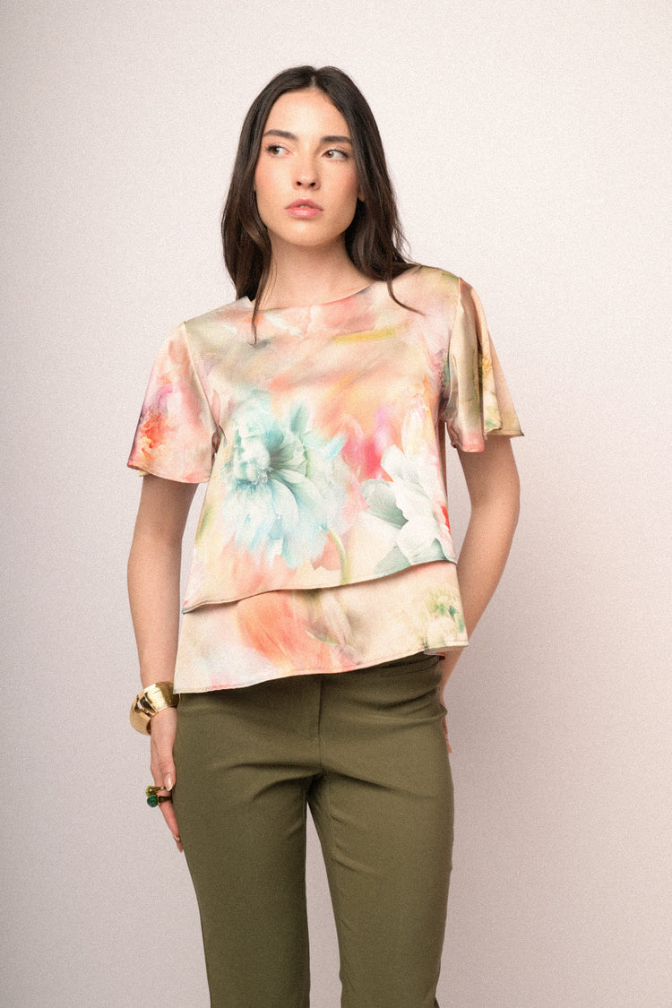 T-shirt doppiata in raso a stampa floreale multicolor