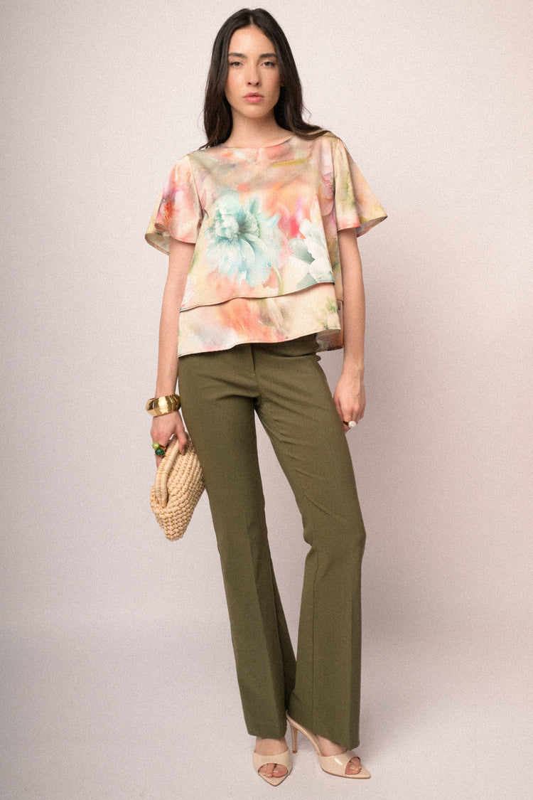 T-shirt doppiata in raso a stampa floreale multicolor