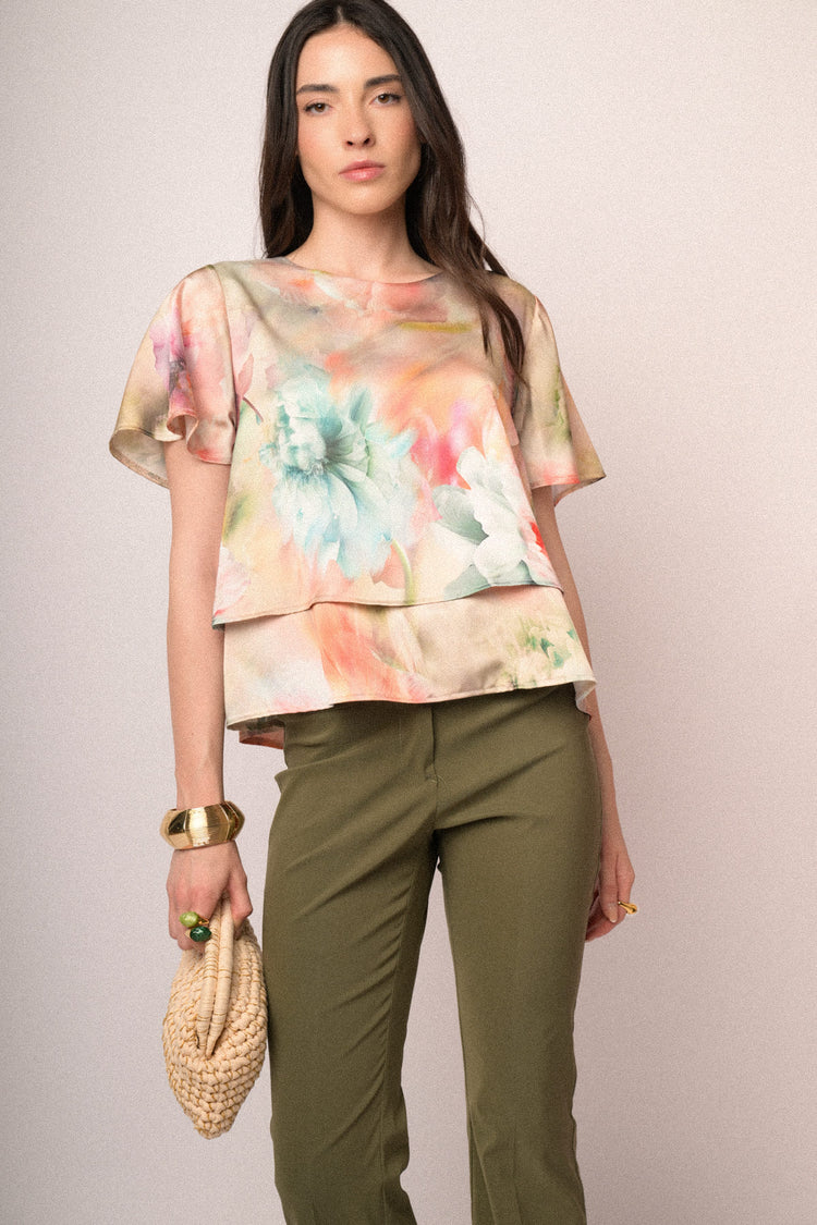 T-shirt doppiata in raso a stampa floreale multicolor