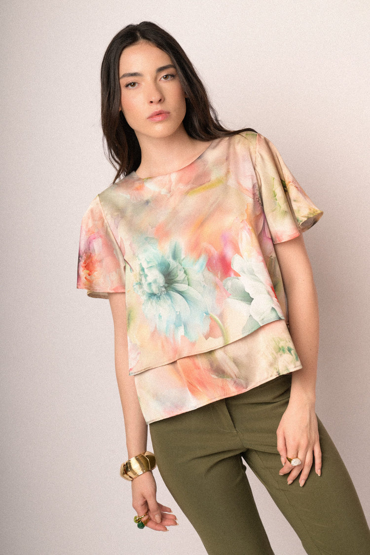 T-shirt doppiata in raso a stampa floreale multicolor
