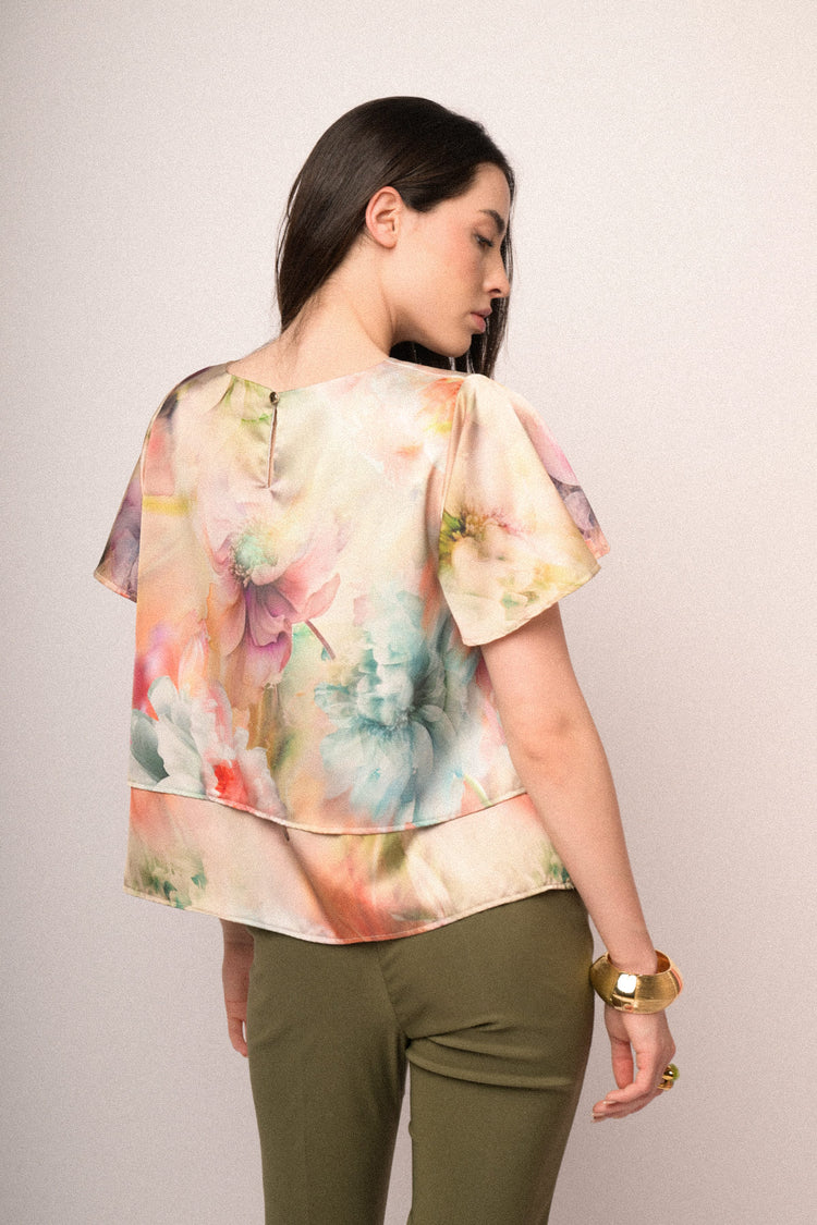 T-shirt doppiata in raso a stampa floreale multicolor