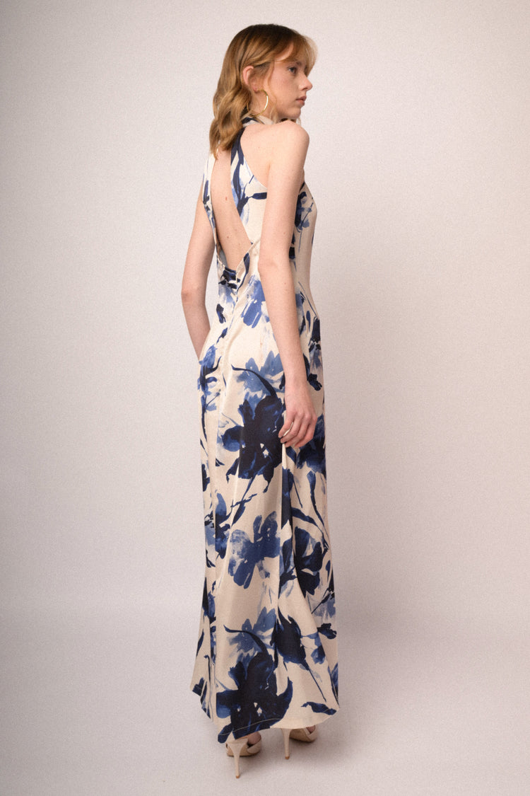 Abito halter lungo in raso a stampa floreale multicolor