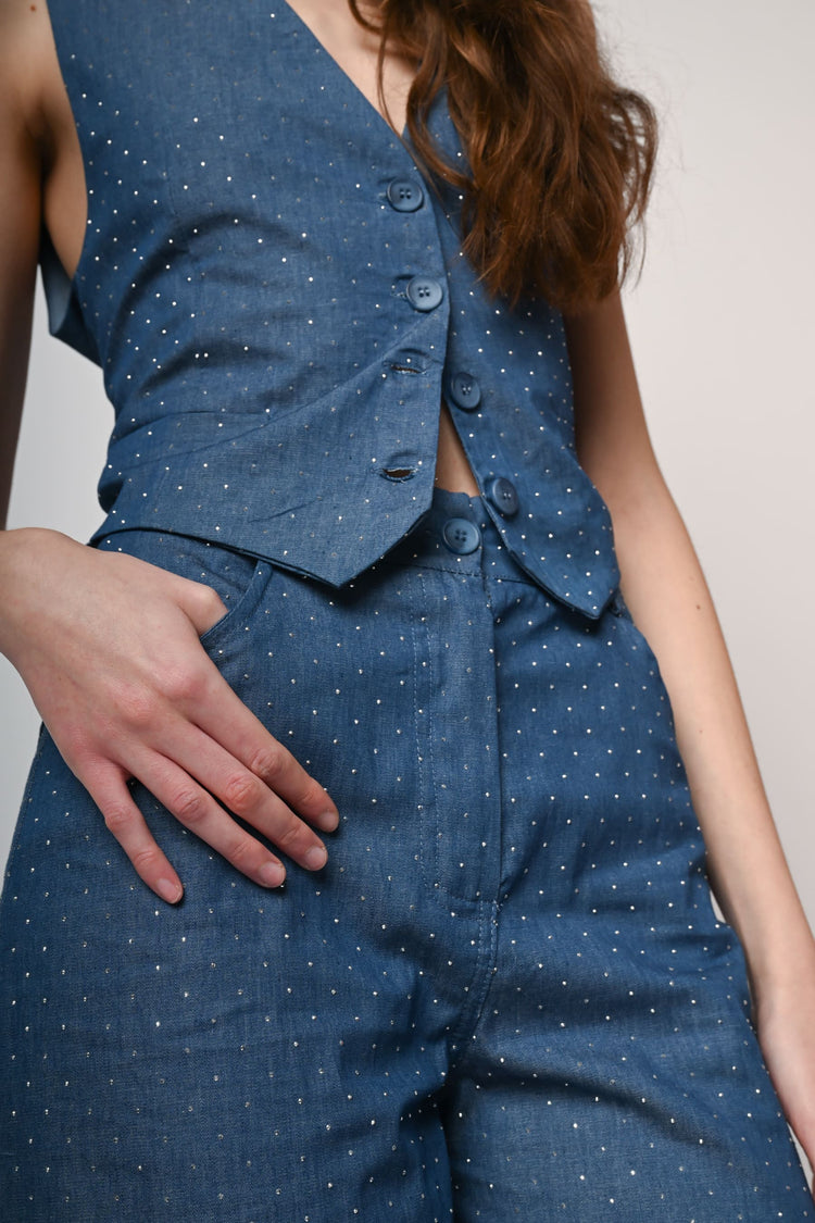 Pantaloni palazzo in denim con strass