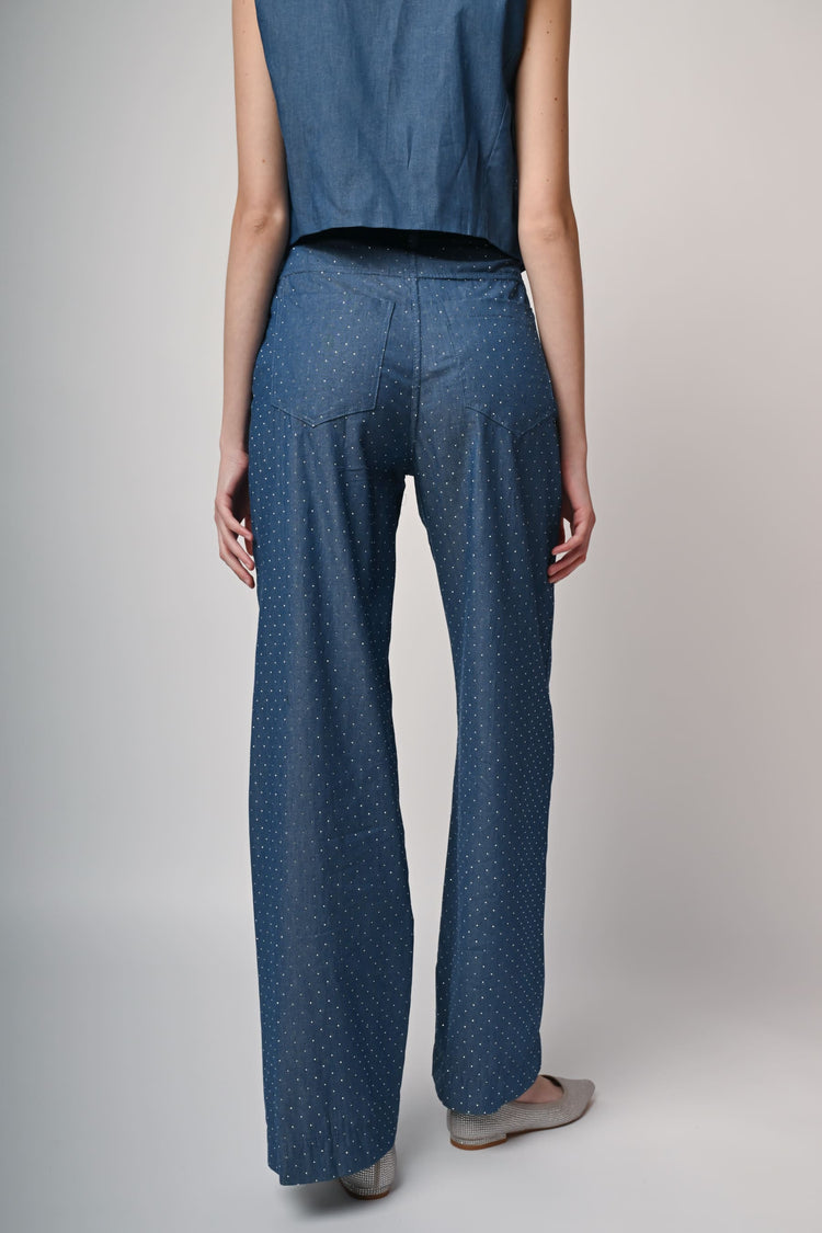 Pantaloni palazzo in denim con strass