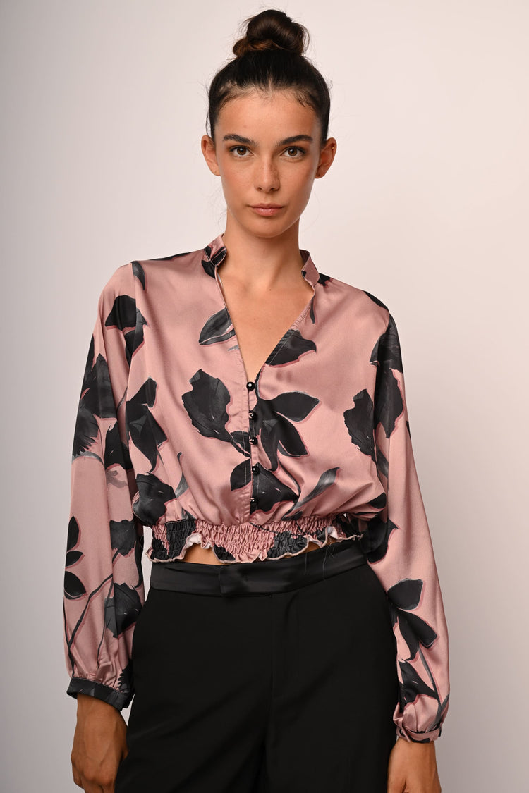Camicia crop in raso a stampa floreale