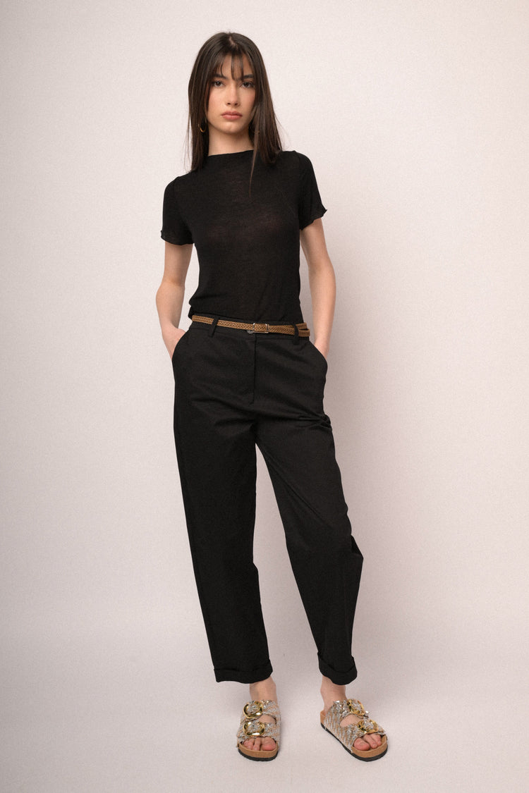 Pantaloni chino in cotone nero con cintura intrecciata