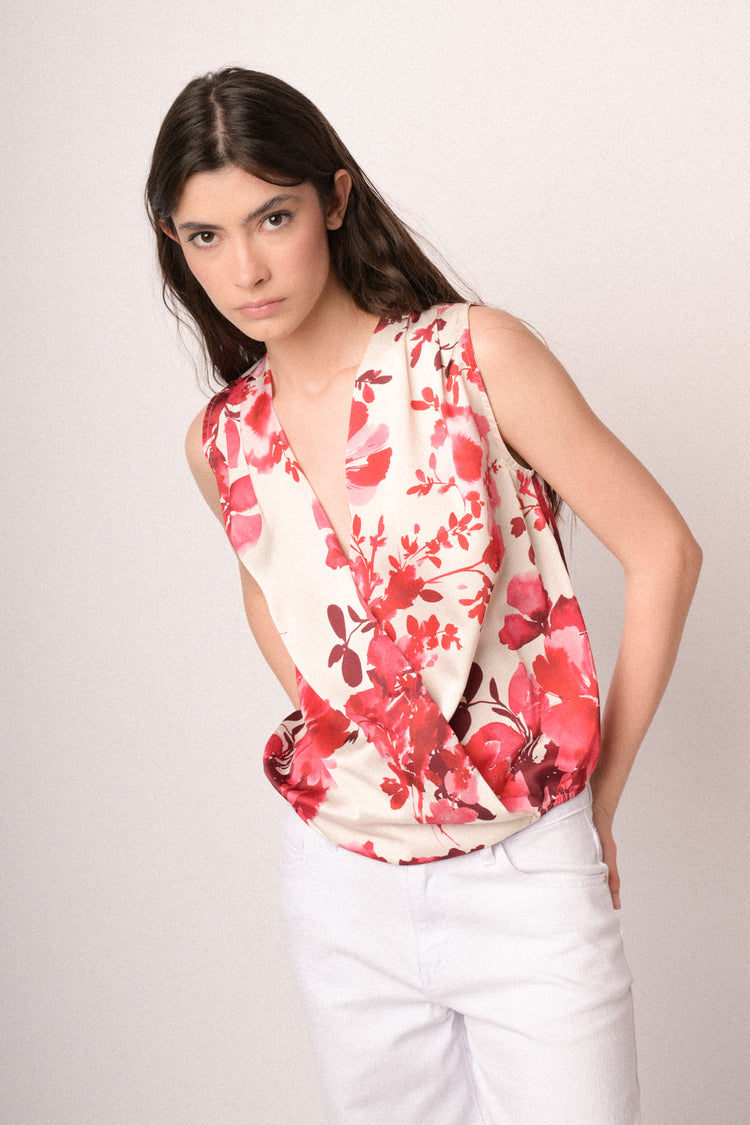 Top incrociato a stampa floreale multicolor