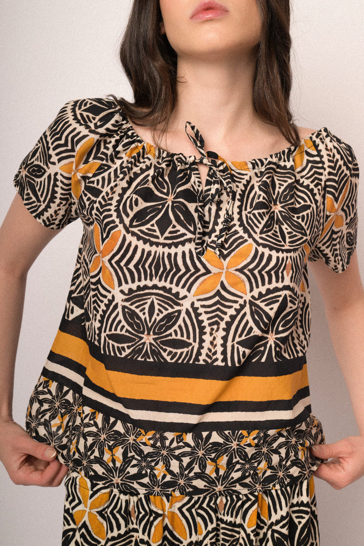 Blusa in cotone a stampa etnica multicolor