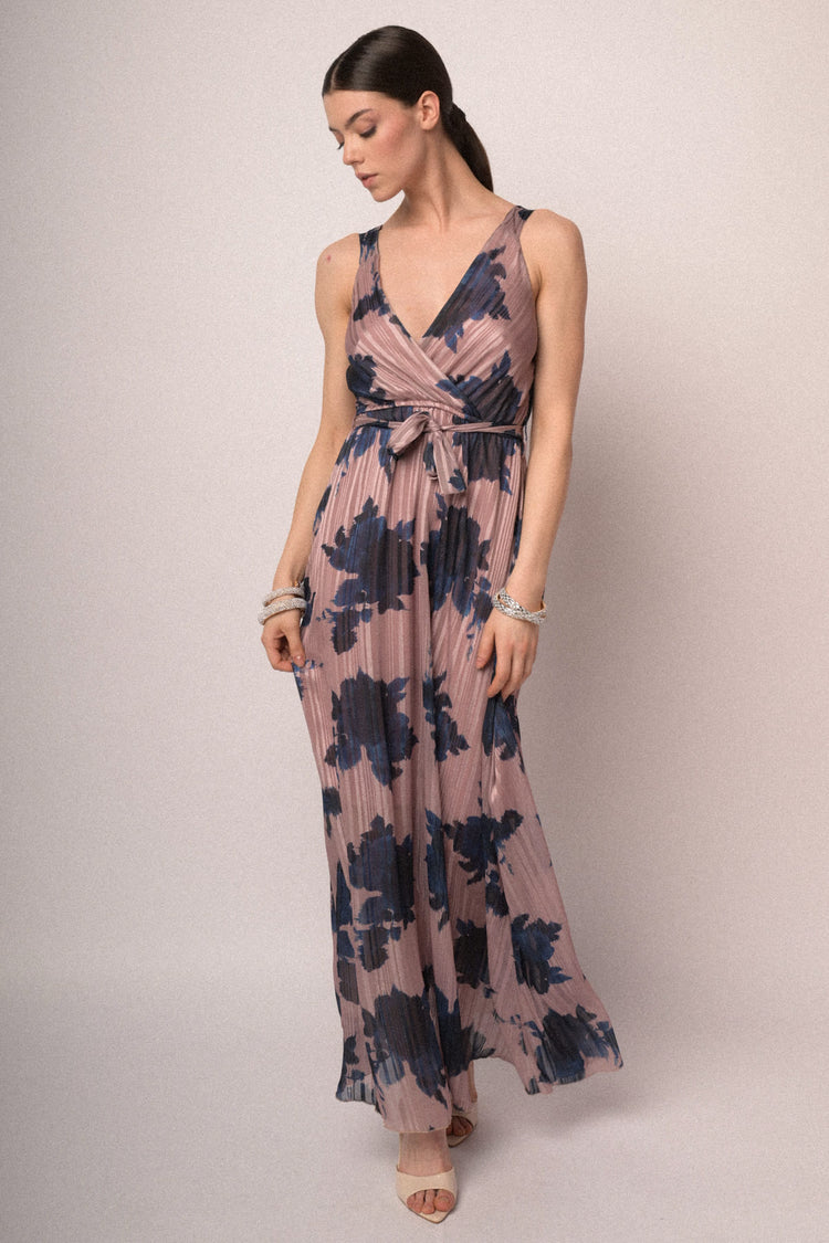 Abito lungo in georgette lurex a stampa floreale rosa con cintura