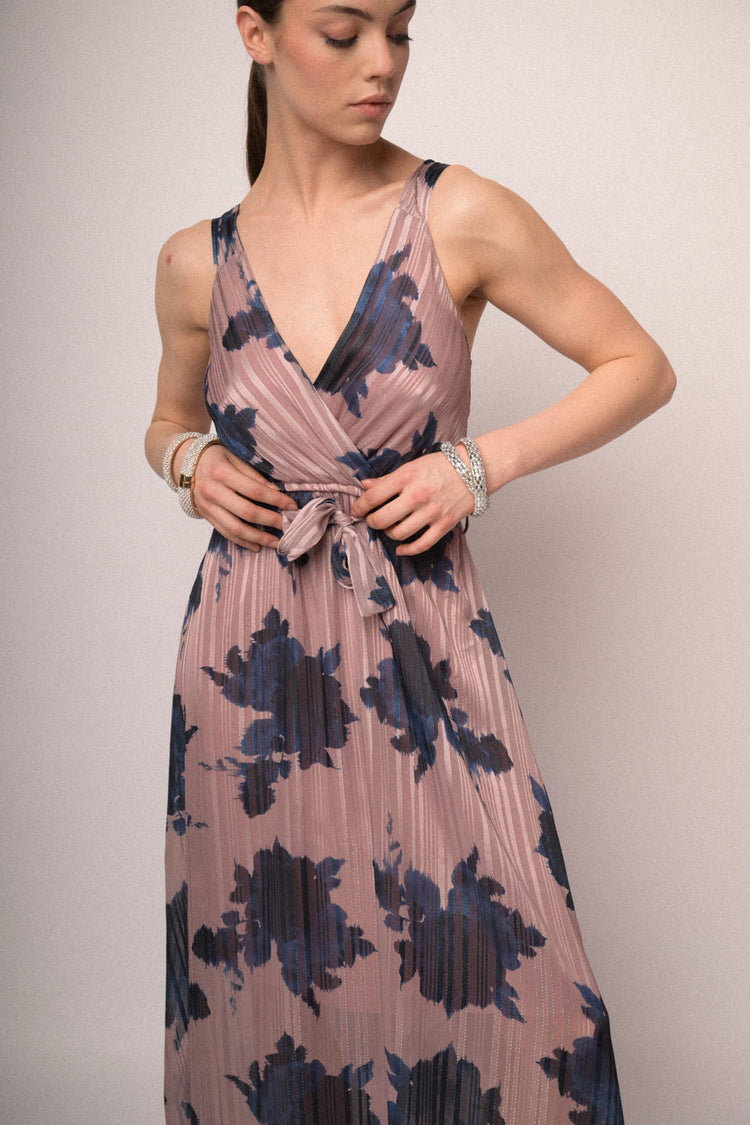 Abito lungo in georgette lurex a stampa floreale rosa con cintura