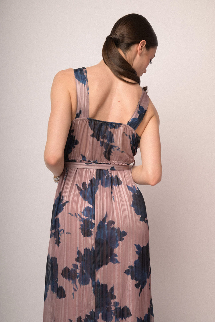 Abito lungo in georgette lurex a stampa floreale rosa con cintura