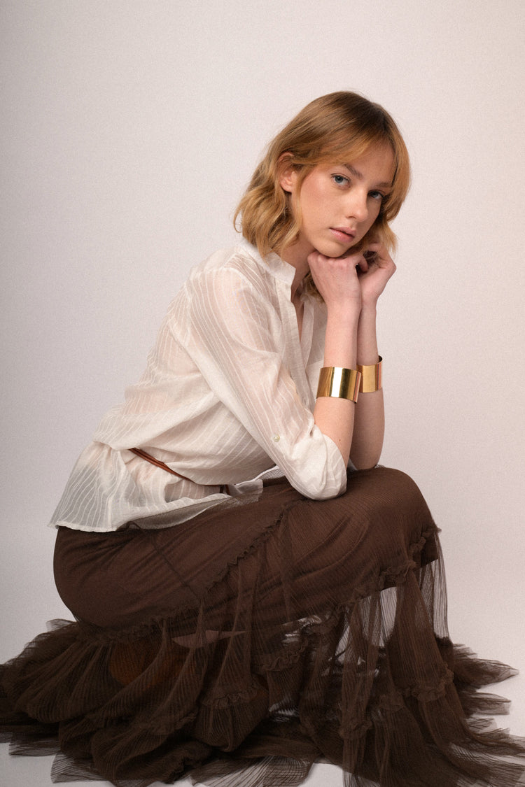 Blusa misto lyocell a righe bianca