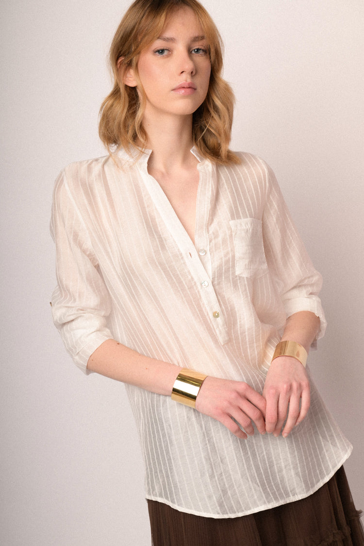 Blusa misto lyocell a righe bianca