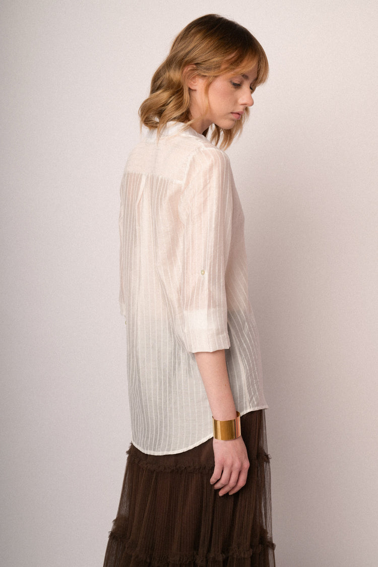 Blusa misto lyocell a righe bianca