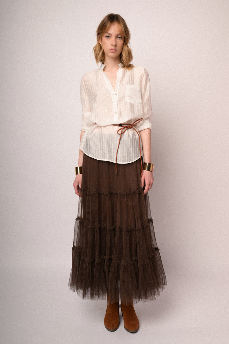 Blusa misto lyocell a righe bianca
