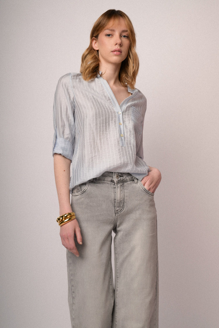 Blusa misto lyocell a righe celeste