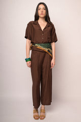 Pantaloni crop in viscosa stropicciata cioccolato